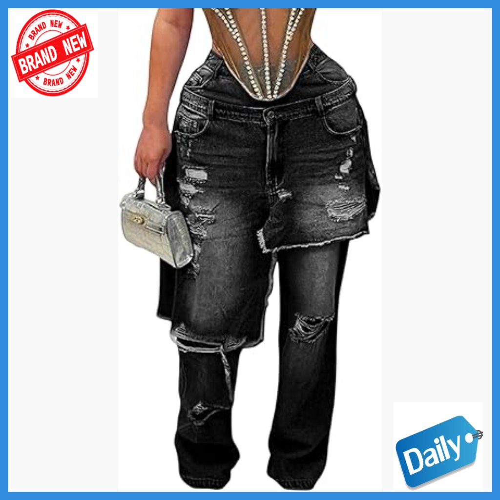 High Waist Wide Leg Distressed Patchwork Jeans With Pockets